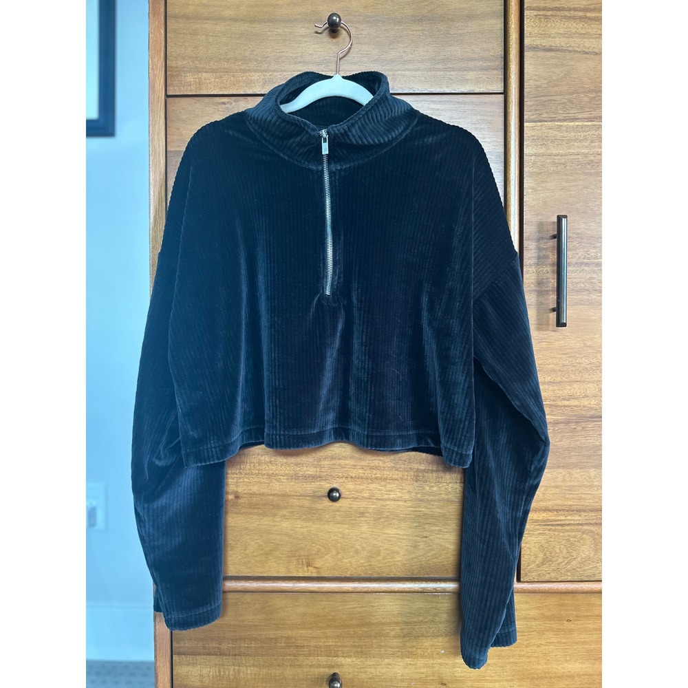 Fabletics Corduroy Velour Quarter Zip Pullover Large Black Excellent